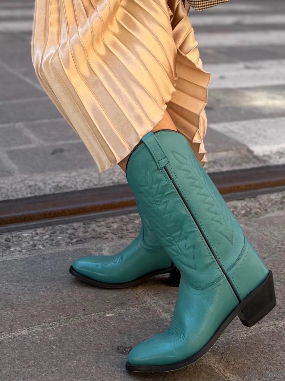 Vintage Teal Leather Mid-Calf Western Boots - Women